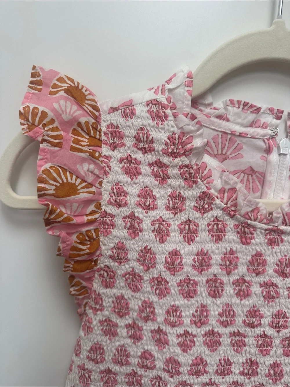 J. Crew Pink and White Printed Ruffle-Sleeve Dress